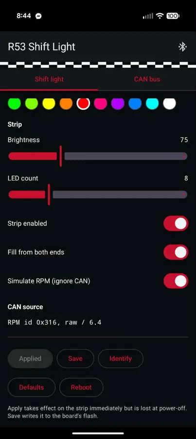 Strip settings: colours, brightness, LED count and fill direction
