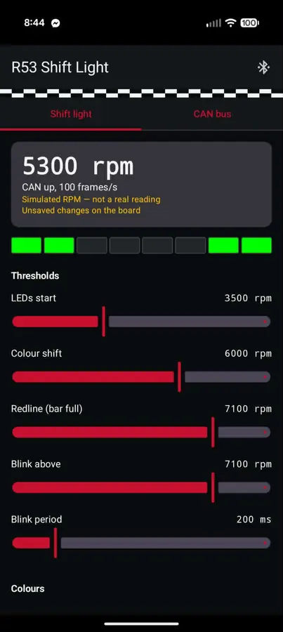 Shift light screen: 5300 rpm, the mimic bar, and sliders for LEDs start, colour shift, redline and blink