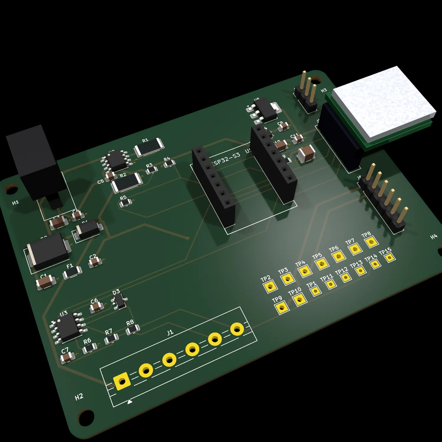 Isometric render of the K-line and CAN bridge carrier: XIAO ESP32-S3 sockets, L9637D, CAN transceiver, test points and the six-way harness header