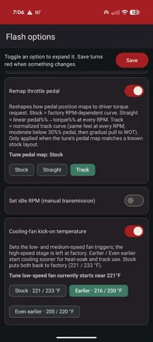Flash options screen with pedal map and fan toggles
