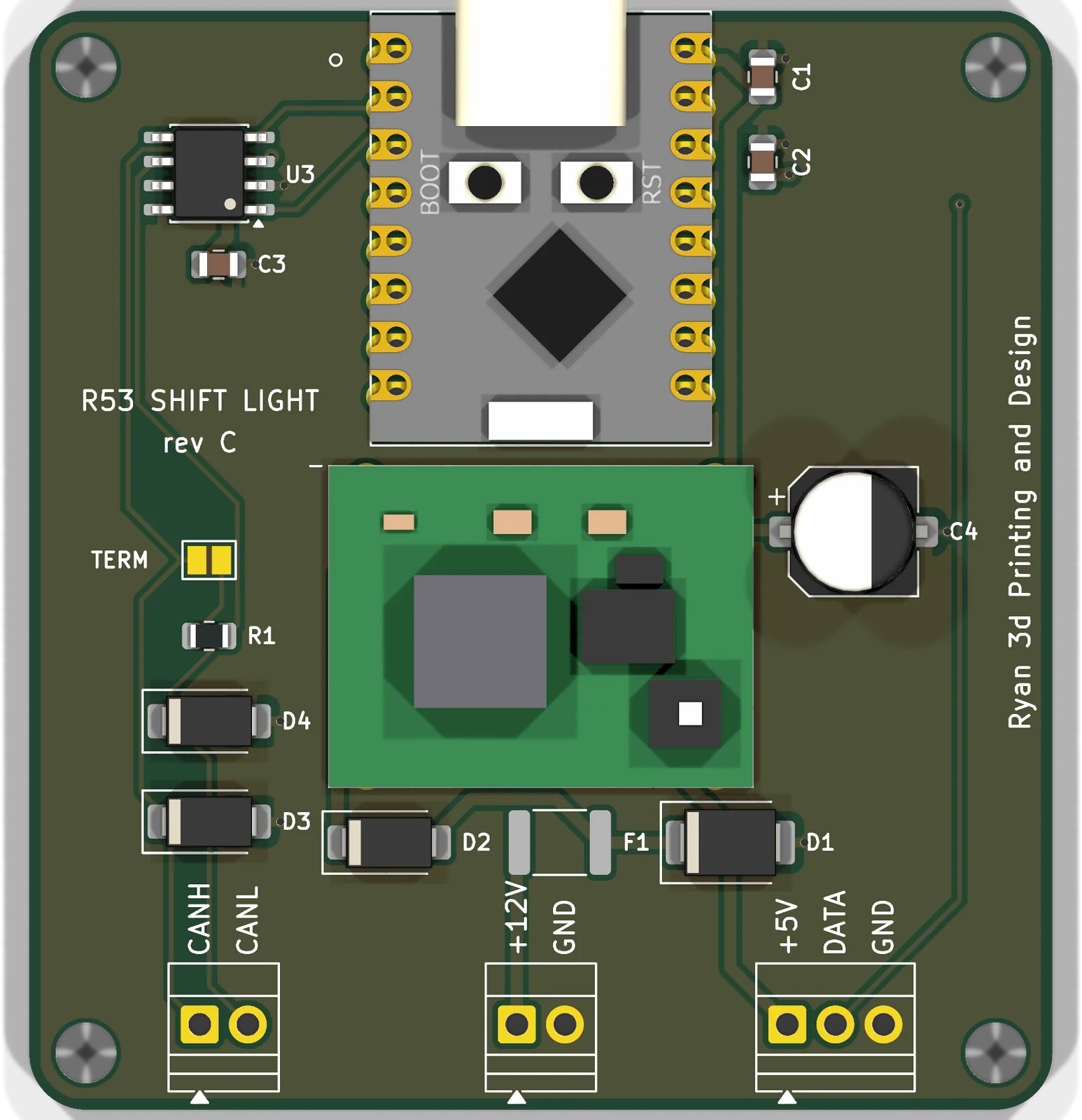 Top of the carrier board: regulator, SuperMini footprint, CAN transceiver and three screw terminals